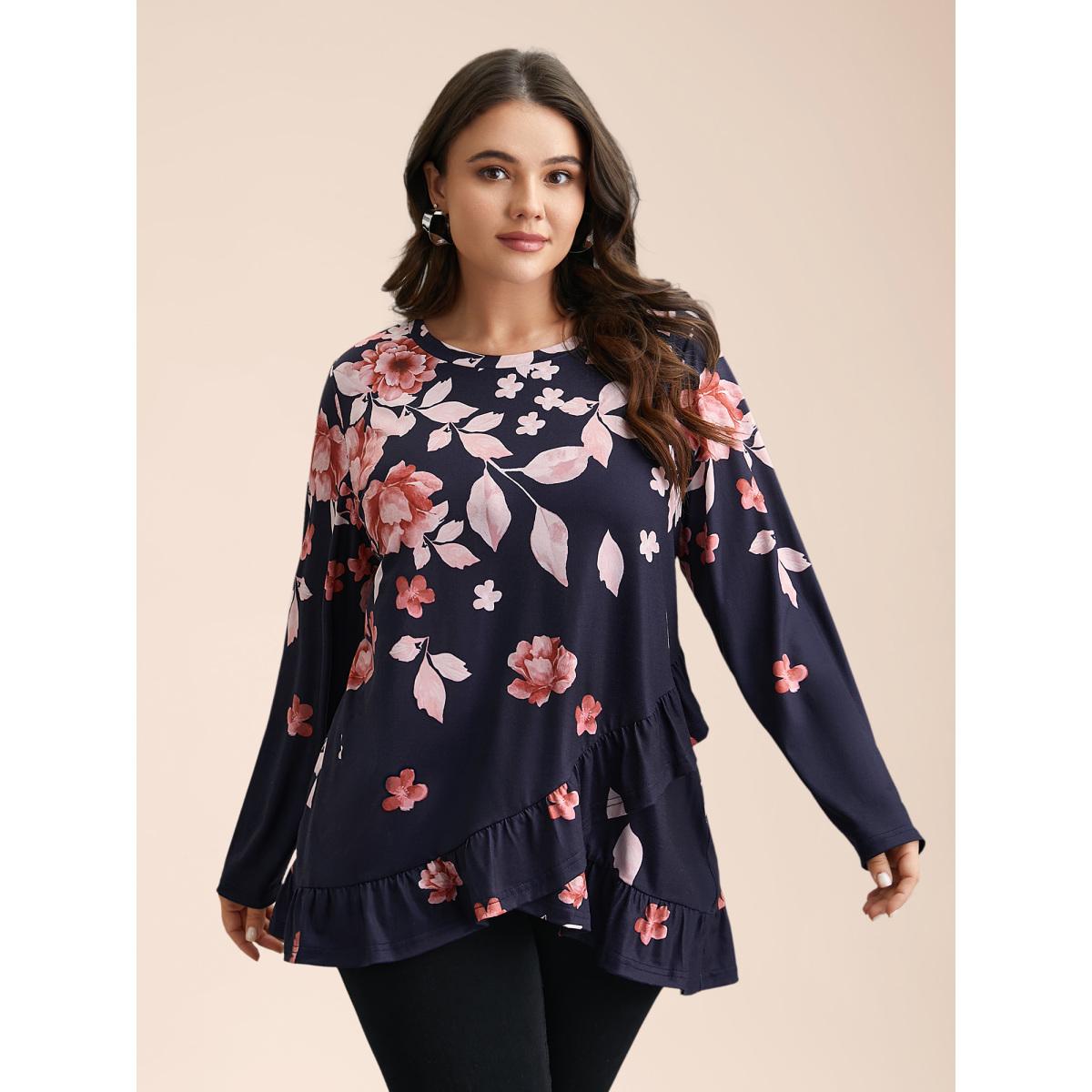 Plus Size Spring Flowers Ruffled Hem T-Shirt Indigo Women Casual Ruffles Natural Flowers Round Neck Everyday T-shirts BloomChic 28/5X Product Image