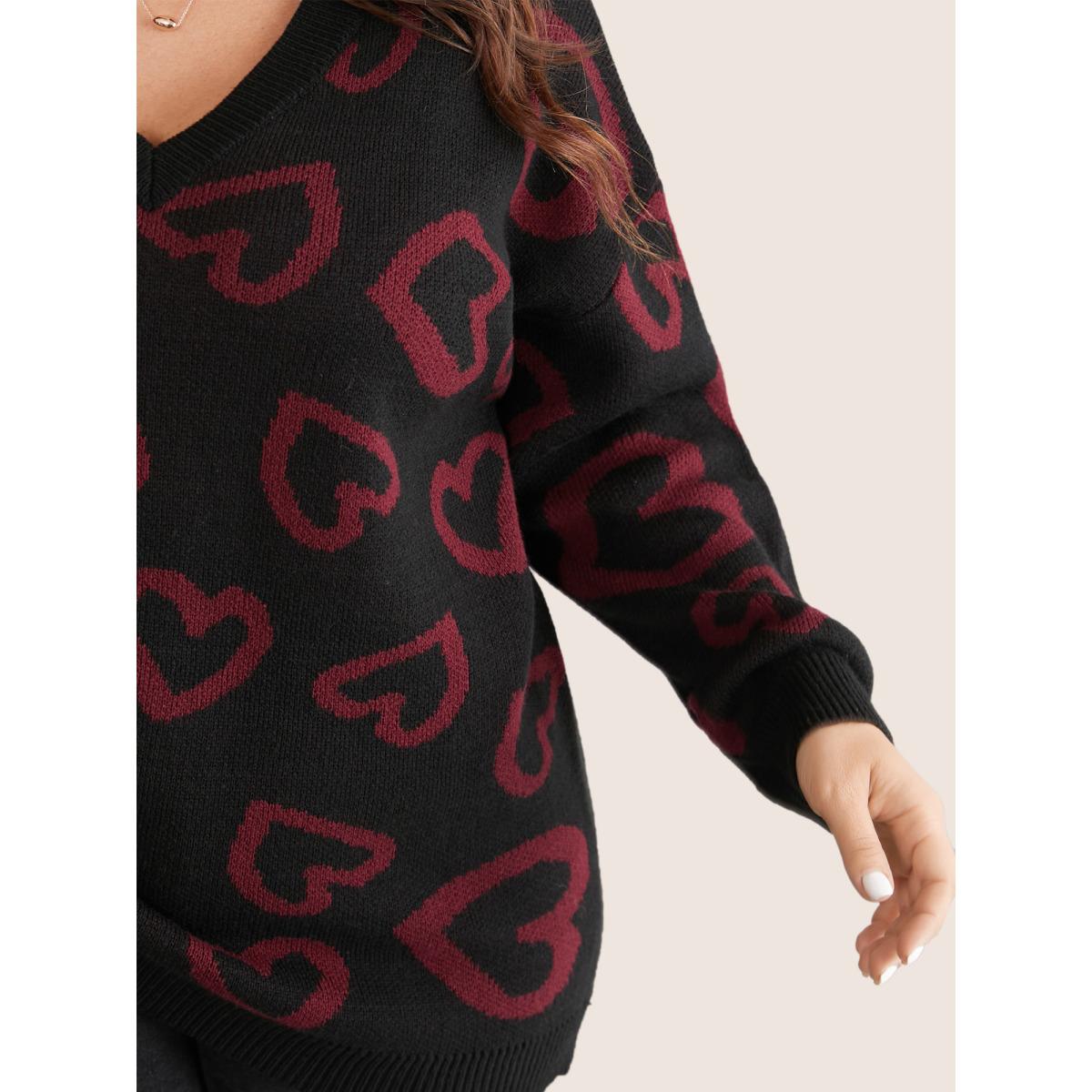 Plus Size Heart Jacquard Contrast Drop Shoulder Pullover Black Women Casual Loose Long Sleeve V-neck Dailywear Pullovers BloomChic 10/M Product Image