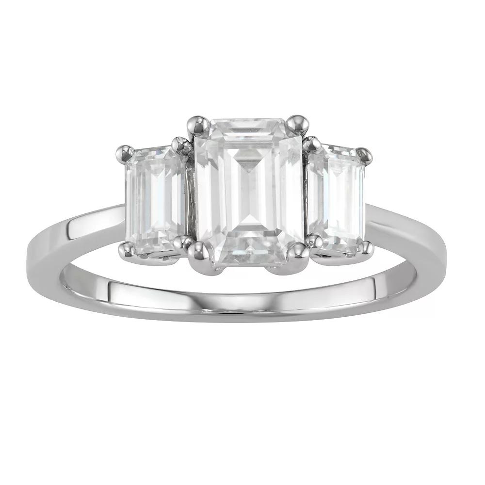 14K White Gold Lab-Created Moissanite 1 1/2 Carat T.W. Emerald-Cut Three-Stone Ring, Women's, Size: 9, 14kwh Gold Product Image