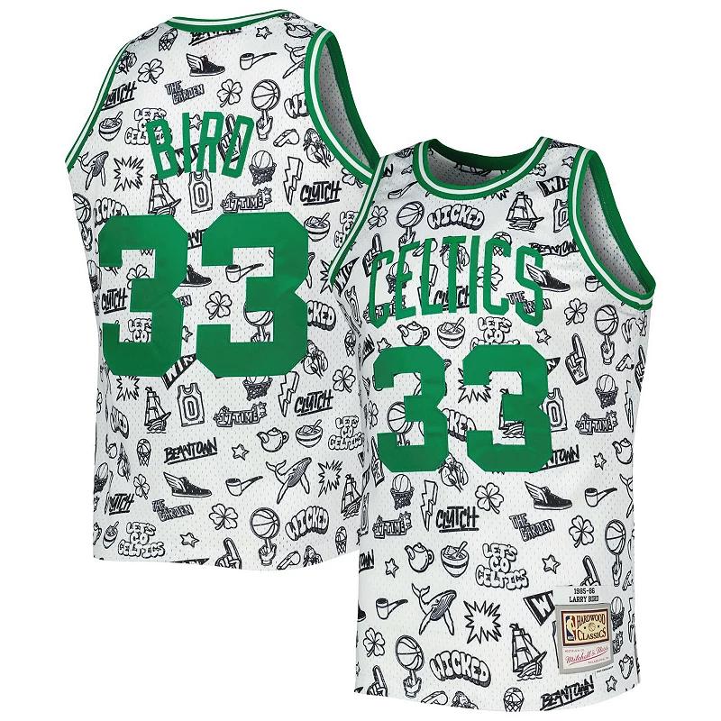 Men's Mitchell & Ness Larry Bird White Boston Celtics 1985/86 Hardwood Classics Doodle Swingman Jersey, Size: Medium Product Image
