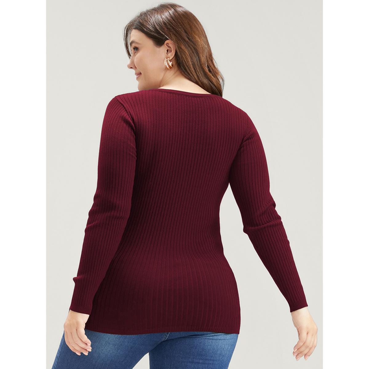 Plus Size Solid Super Soft Rib Knit Cut Out Knit Top Burgundy Women Elegant Bodycon Long Sleeve Round Neck Dailywear Pullovers BloomChic 30/6X Product Image