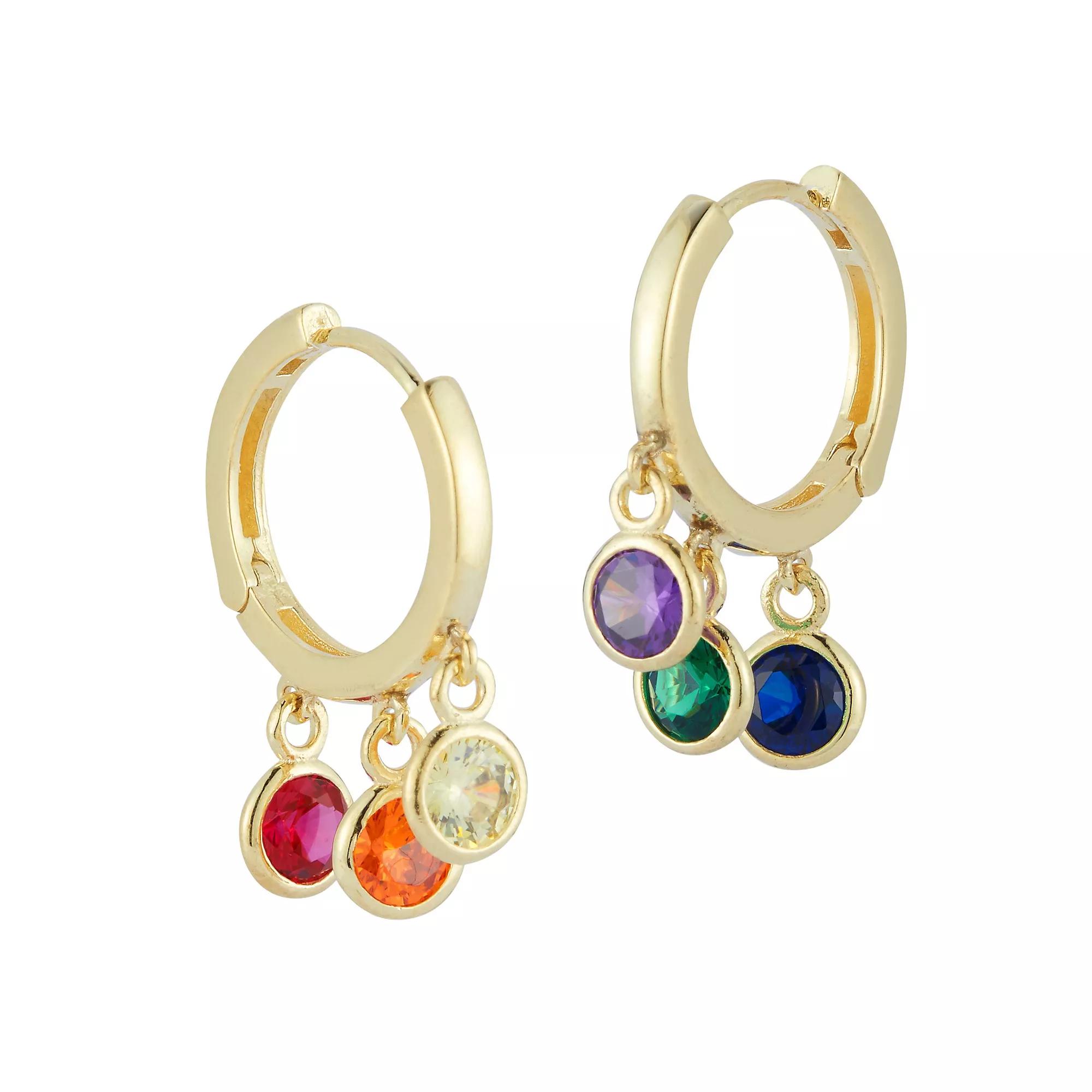 Sunkissed Sterling Cubic Zirconia Dangle Charm Huggie Hoop Earrings, Women's, Gold Tone Rainbow Product Image