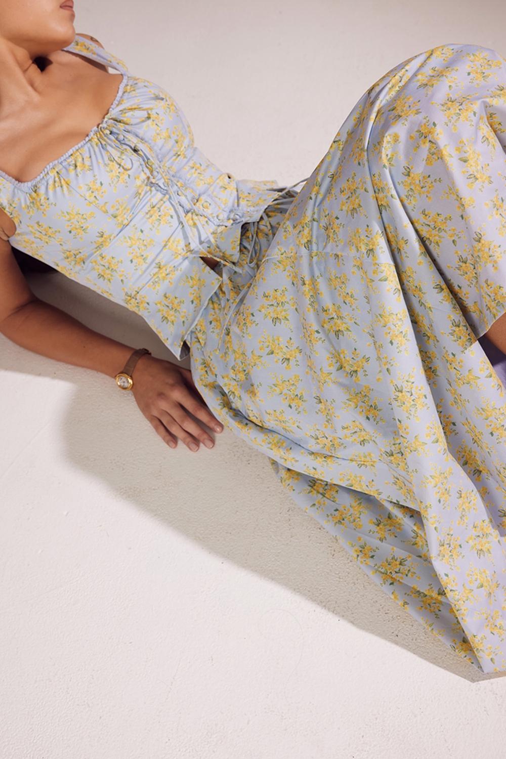 Cora  soft blue vintage floral print cotton midi skirt - sale Product Image