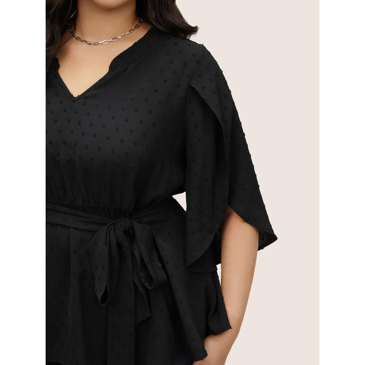 Plus Size Black Plain Textured Petal Sleeve Ties Blouse Women Work From Home Elbow-length sleeve Flat collar with V-notch Work Blouses BloomChic 18-20/2X Product Image