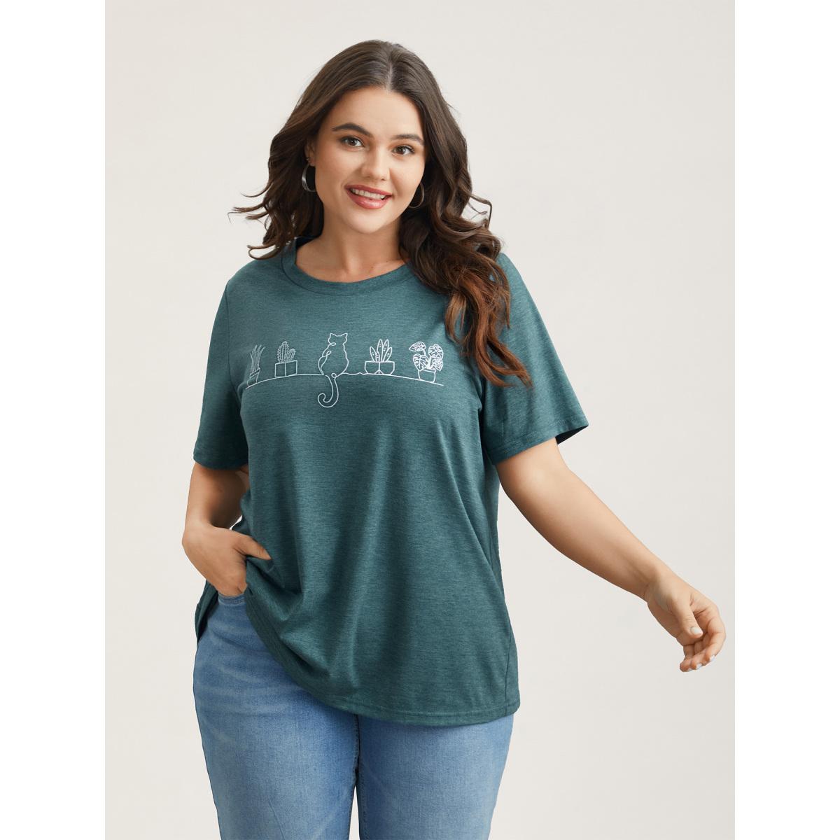 Plus Size Cat Print Crew Neck Stretchy T-Shirt DarkGreen Women Leisure Non Art&design Round Neck Casual T-shirts BloomChic 14-16/1X Product Image