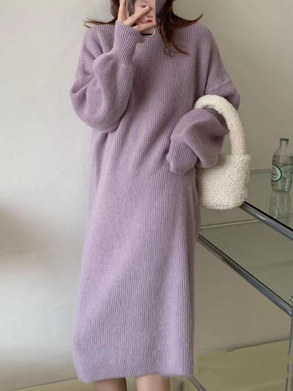 Long Sleeves Loose Solid Color High Neck Midi Dresses Sweater Dresses Product Image