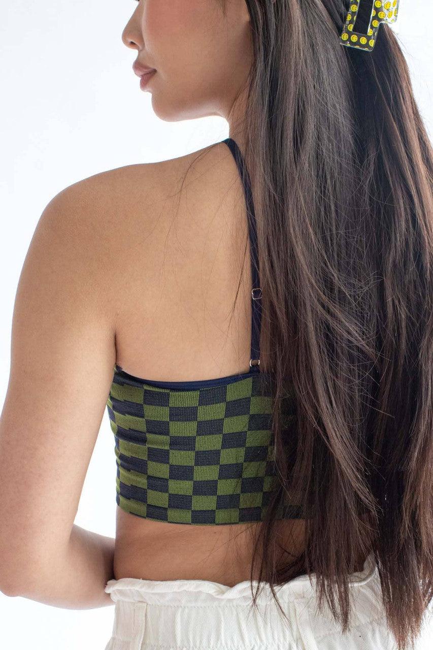 Green Checkered Seamless Y Neck Crop Cami Product Image