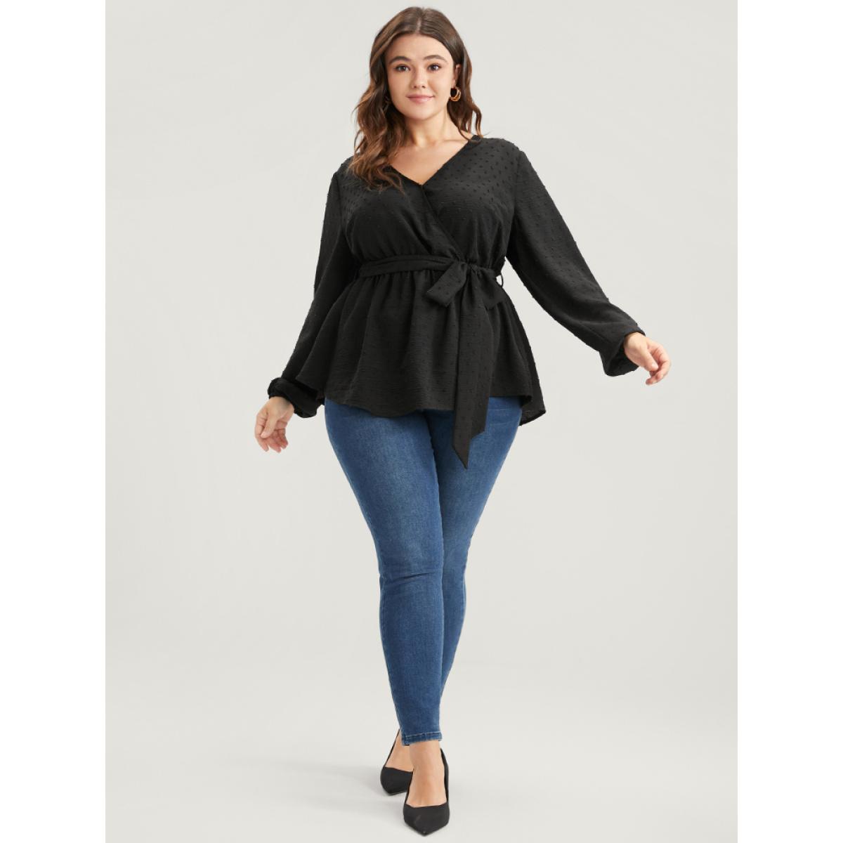 Plus Size Black Polka Dot Wrap Belted Ruffles Blouse Women Elegant Long Sleeve V-neck Dailywear Blouses BloomChic 30/6X Product Image