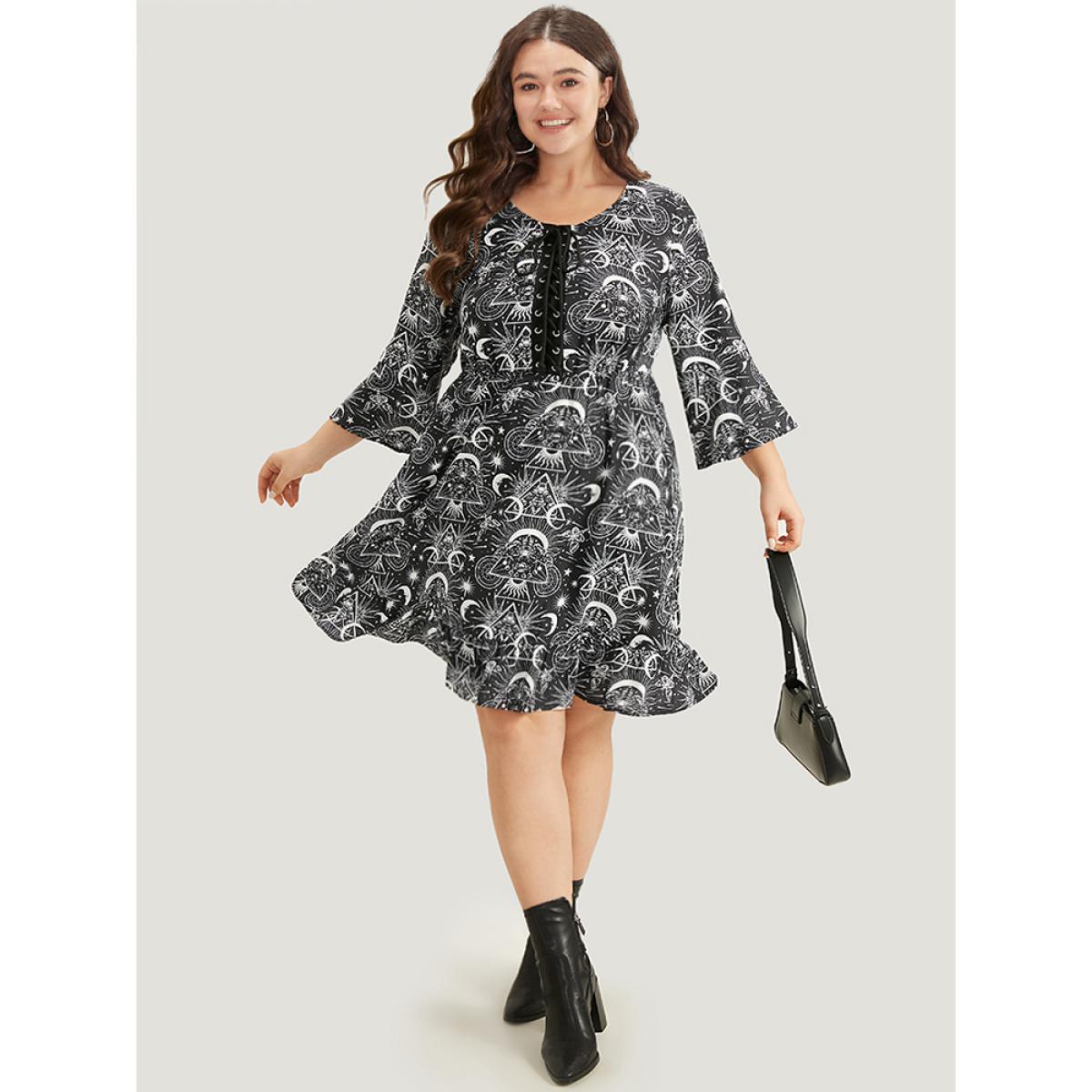 Plus Size Halloween Moon & Star Lace Up Pocket Bell Sleeve Dress Black Women Office Cross straps Round Neck Elbow-length sleeve Curvy Knee Dress BloomChic 30/6X Product Image