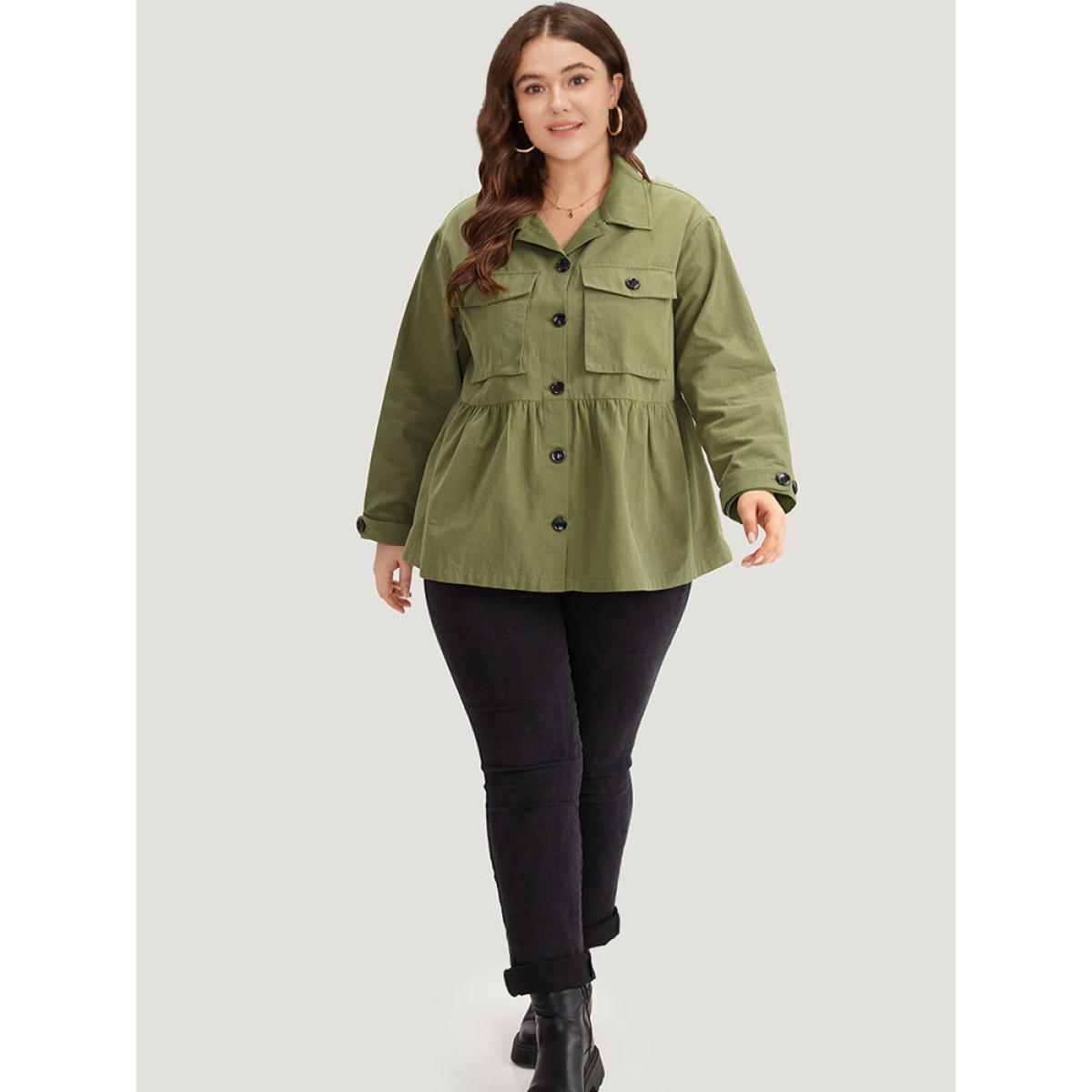 Plus Size Solid Gathered Button Through Pocket Jacket Women Moss Casual Plain Ladies Dailywear Winter Coats BloomChic 10/M Product Image