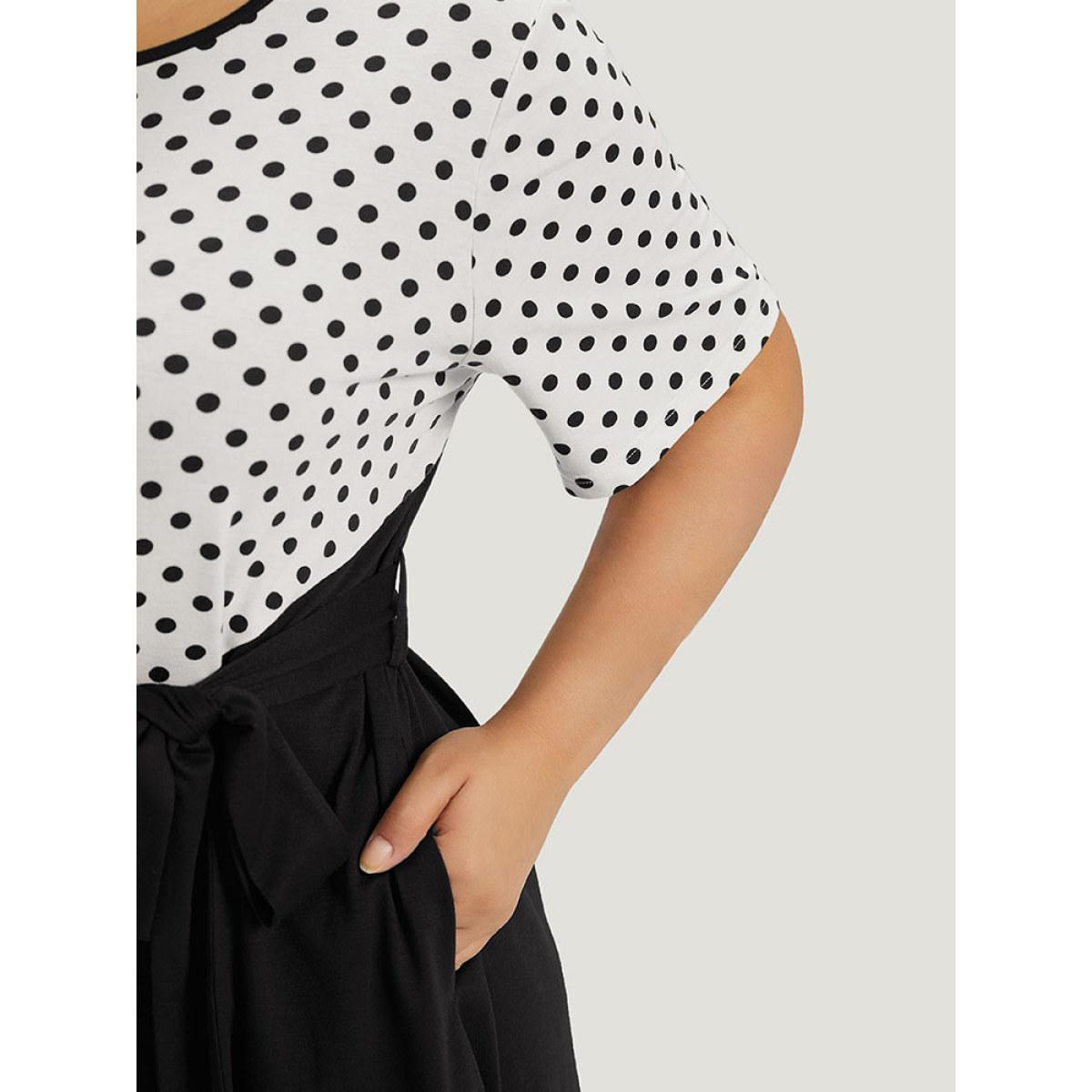 Plus Size Supersoft Essentials Polka Dot Pocket Patchwork Belted Dress Black Women Casual Belted Round Neck Short sleeve Curvy Midi Dress BloomChic 14-16/1X Product Image