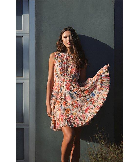 Mac Duggal Mesh Floral Print Crew Neck Sleeveless Micro Ruffle A-Line Mini Dress Product Image