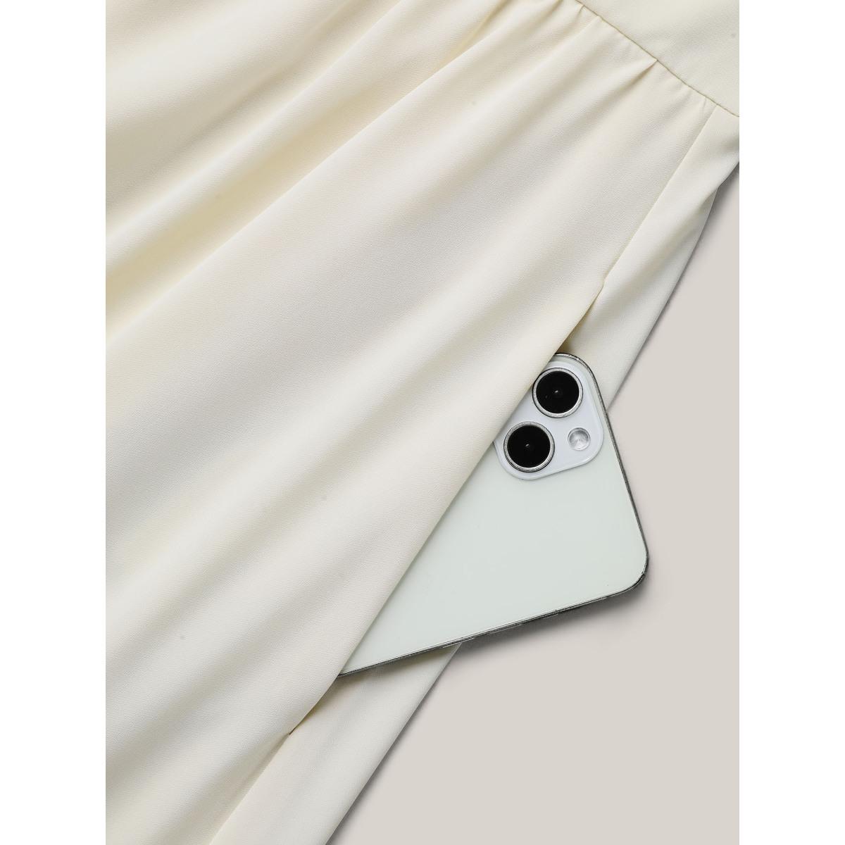 Plus Size Stretchy-Waist Pockets Plain Textured Midi Dress Beige Women Elegant Texture Round Neck Long Sleeve Curvy BloomChic 28/5X Product Image