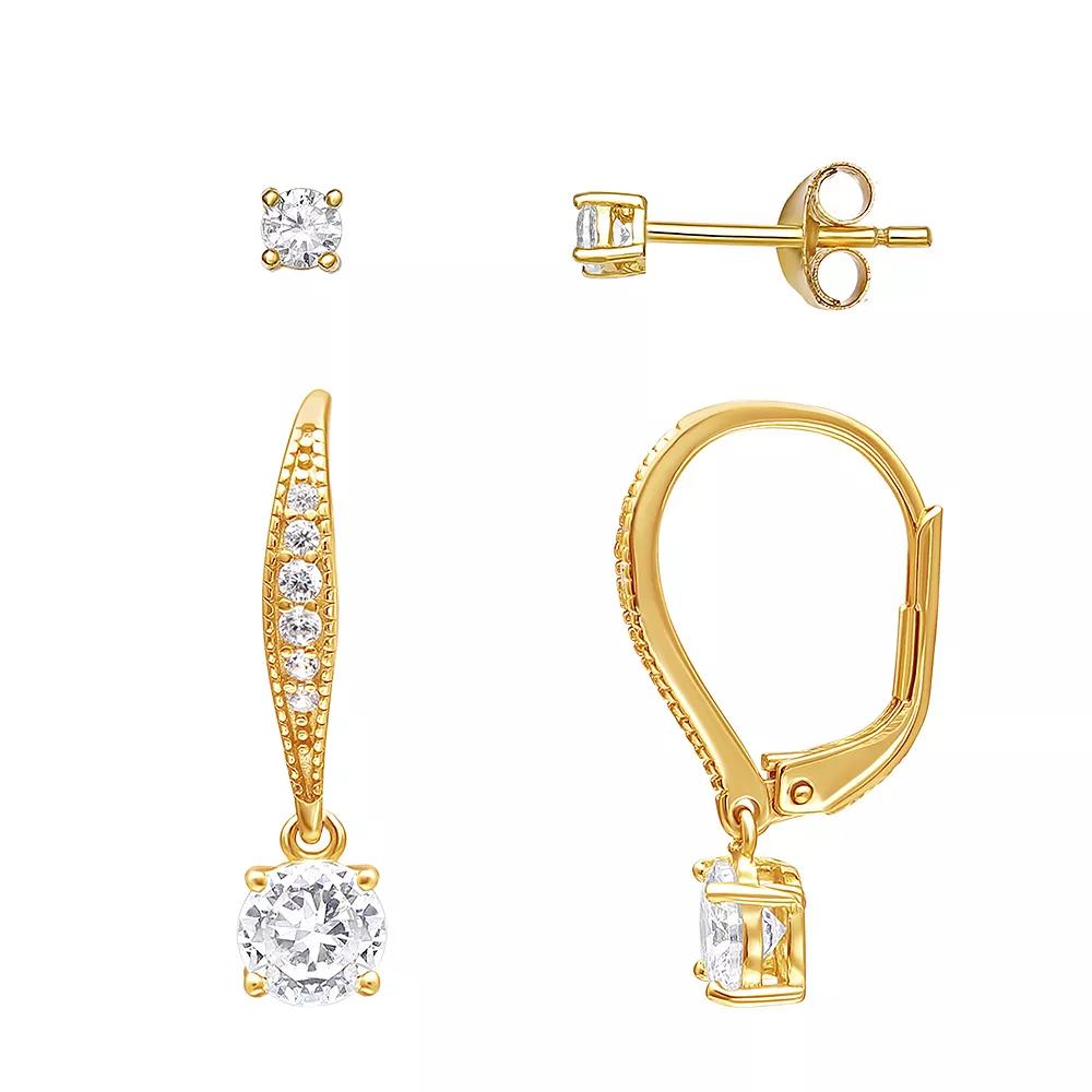 PRIMROSE Sterling Silver Cubic Zirconia Stud & Drop Earring Duo Set, Women's, Gold Tone Clear Product Image