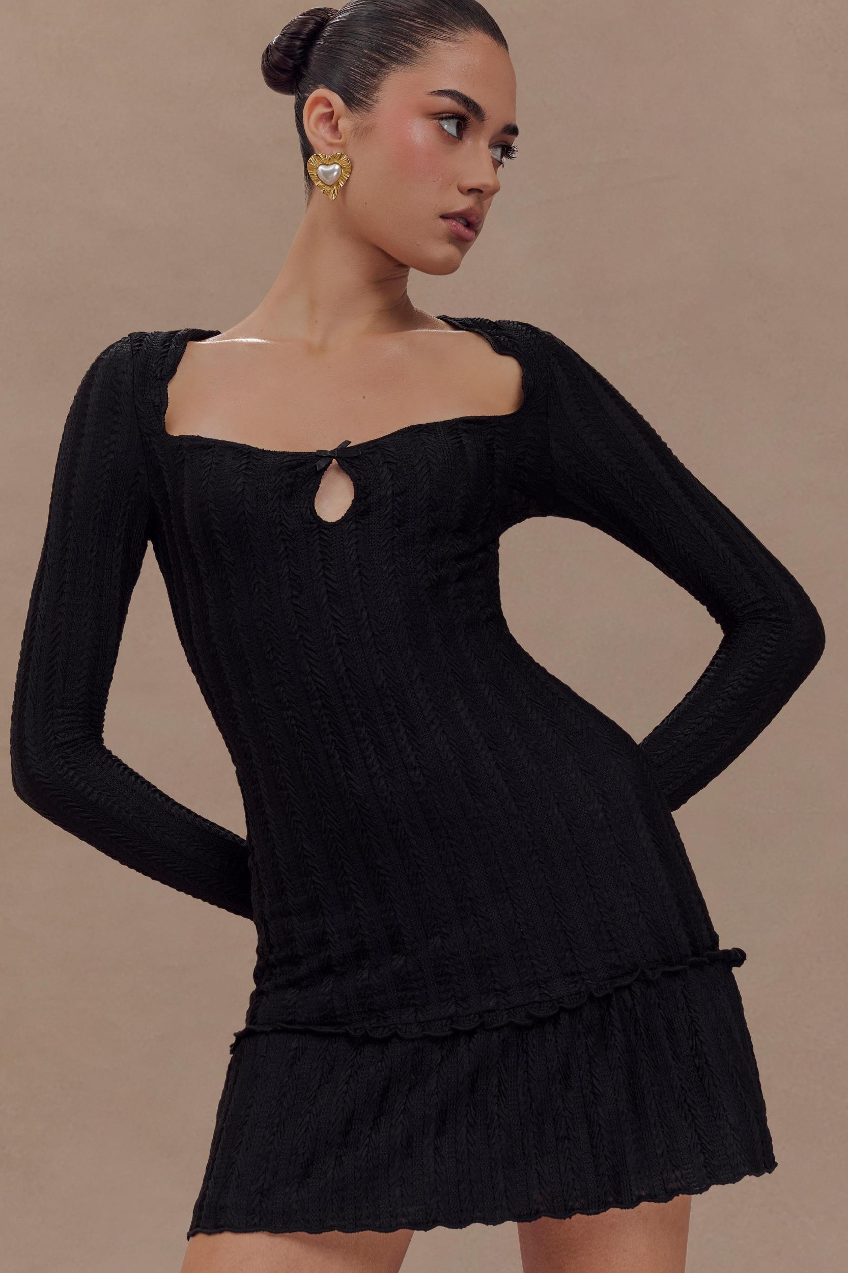 Daphne Pointelle Long Sleeve Mini Dress - Black Product Image