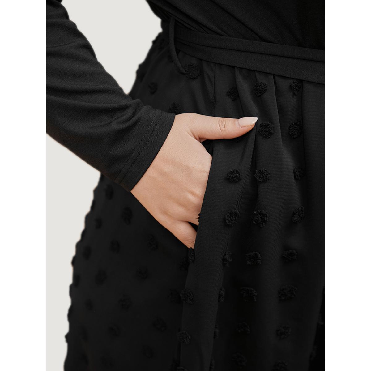 Plus Size Solid Surplice Neck Pocket Mesh Patchwork Belted Dress Black Women Casual Elastic Waist V-neck Long Sleeve Curvy Midi Dress BloomChic 28/5X Product Image