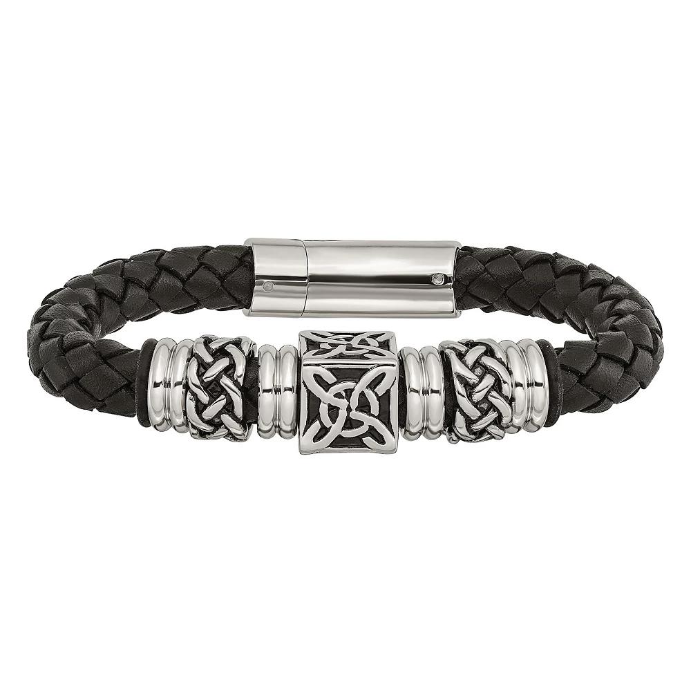 Men's Stainless Steel Antiqued Beads & Black Leather Bracelet, Size: 8.5" Product Image