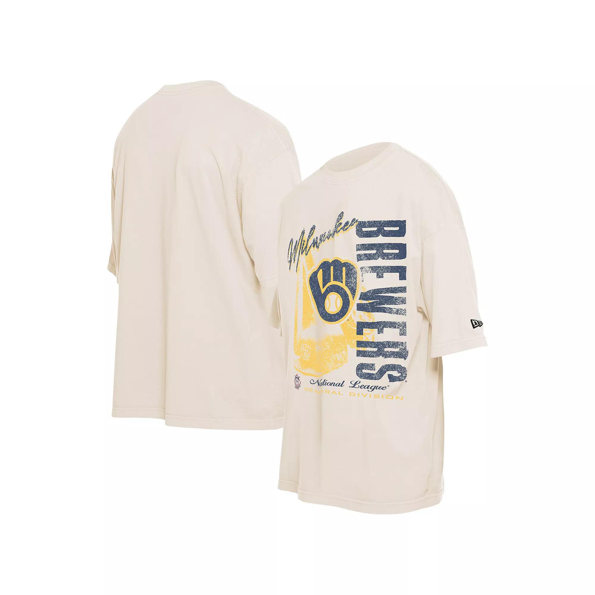 Men's New Era Cream Milwaukee Brewers Cooperstown Collection Oversized Throwback Distressed T-Shirt, Size: Medium, Beige Product Image