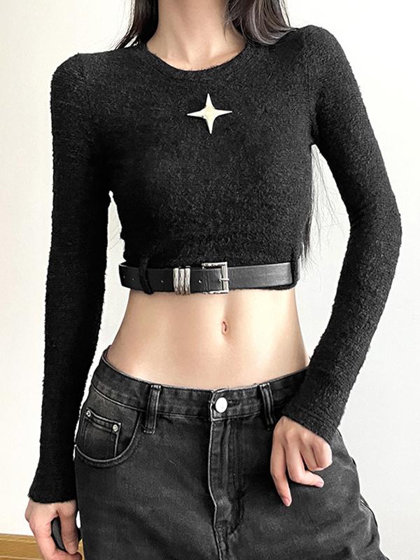 Metal Star Decor Belted Hem Cropped Long Sleeve Knit Product Image