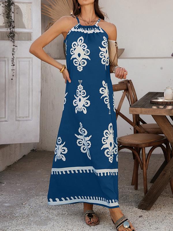 A-Line Loose Contrast Color Halter-Neck Maxi Dresses Product Image