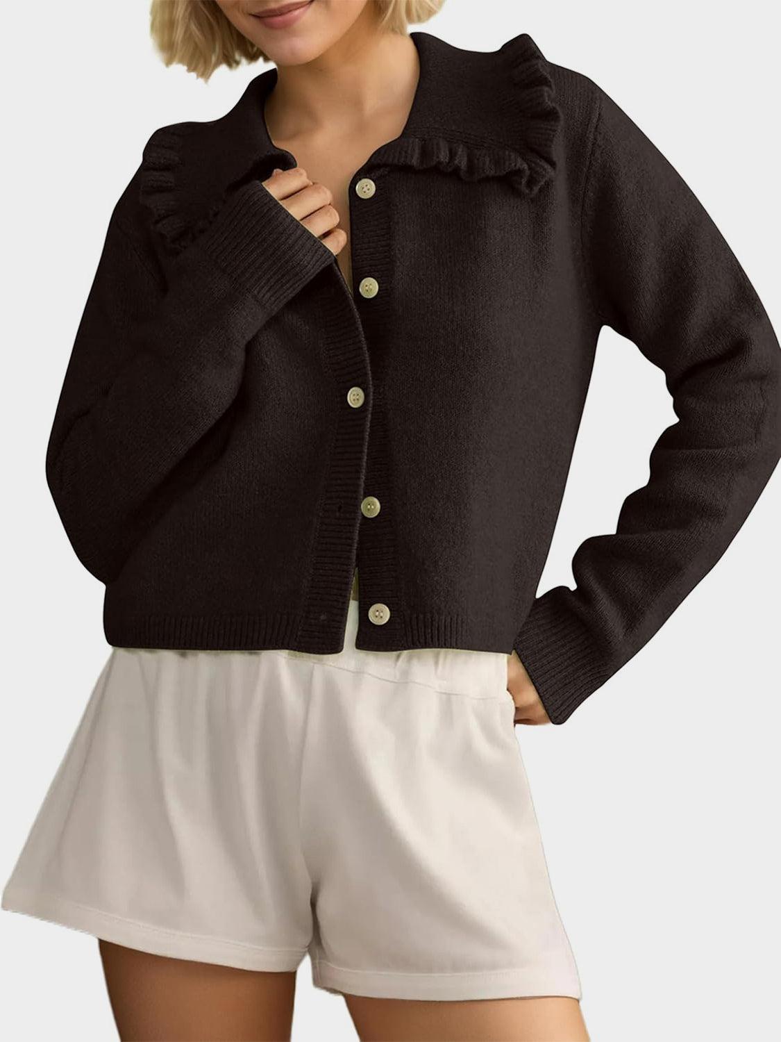 Frill Button Up Collared Neck Long Sleeve Cardigan Product Image