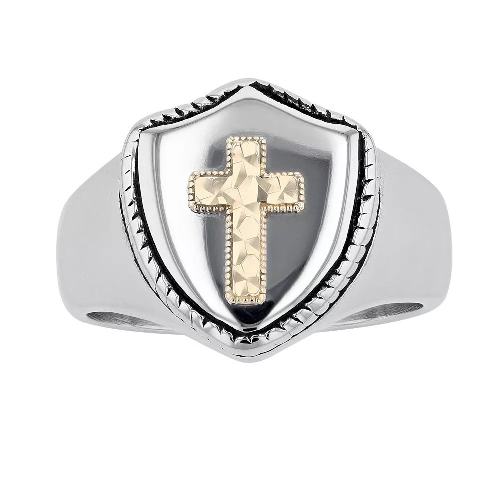 Men's Kristen Kesho 14k Gold Over Steel Cross & Shield Signet Ring, Size: 9, Stainless Product Image