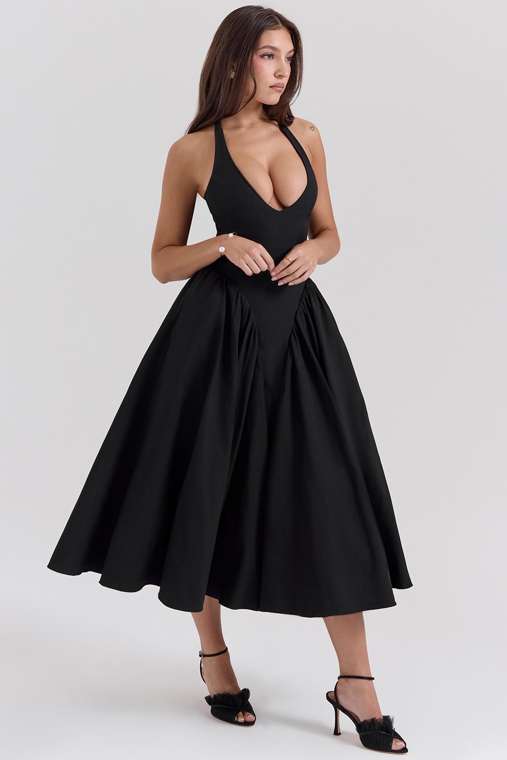 Marilyn  black twill halter midi dress Product Image