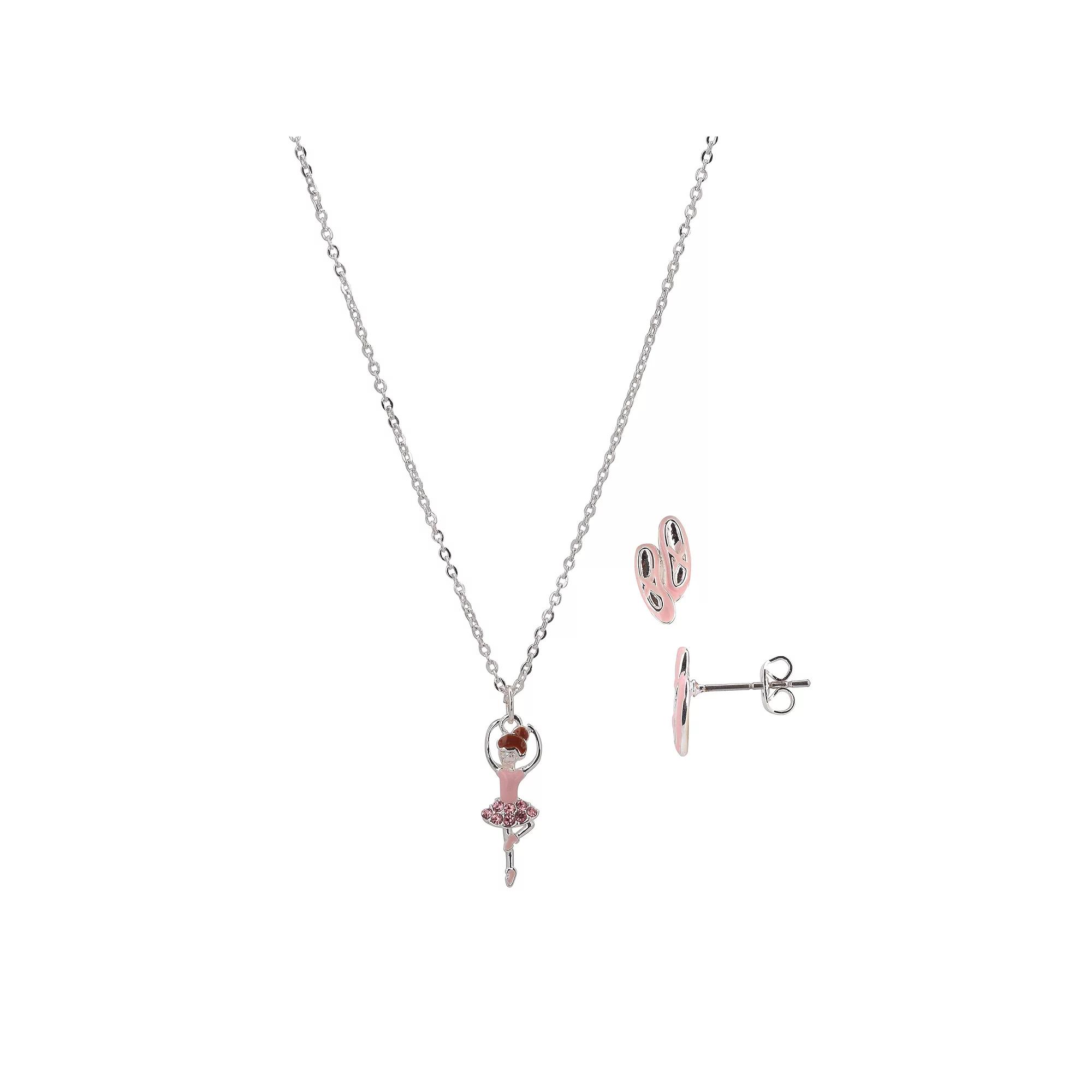 FAO Schwarz Silver Tone Crystal Ballerina Pendant Necklace & Stud Earrings Set, Womens, Pink Product Image
