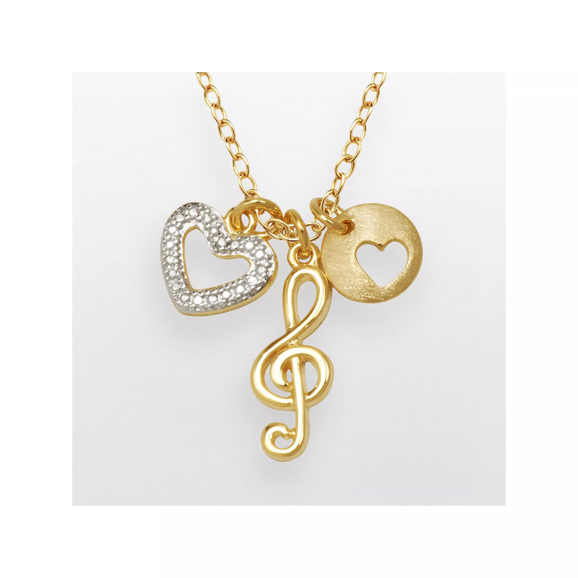 18k Gold Over Silver-Plated and Silver-Plated Diamond Accent Treble Clef and Heart Charm Necklace, Women's, Multicolor Product Image