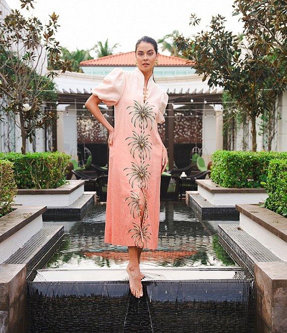 Mestiza New York Elliana Linen Blend Elliana Mandarin Collar Puff Sleeve Embroidered Button Front Midi Dress Product Image