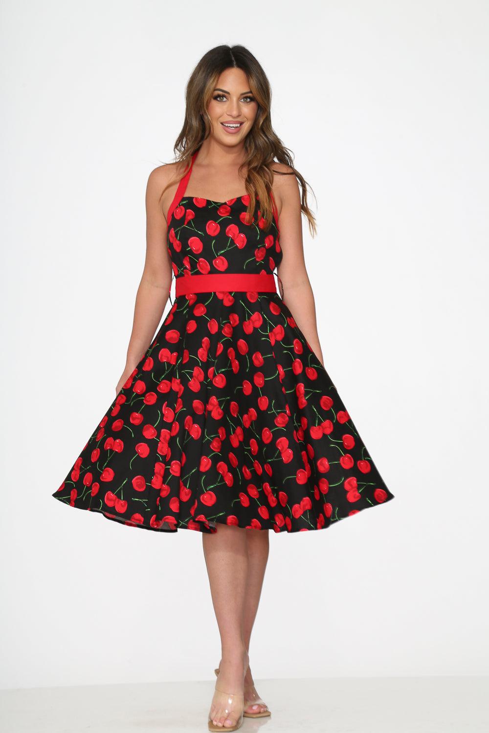 Black & Red Cherry Halter Dress Product Image