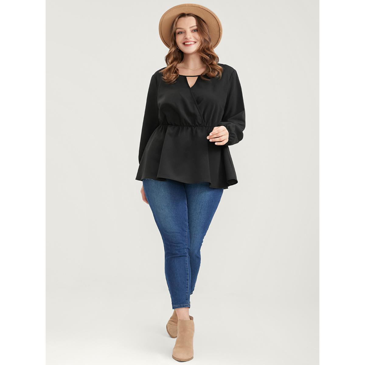Plus Size Black Solid Lantern Sleeve Keyhole Round Neck Ruffle Blouse Women Elegant Long Sleeve Round Neck Dailywear Blouses BloomChic 12/L Product Image