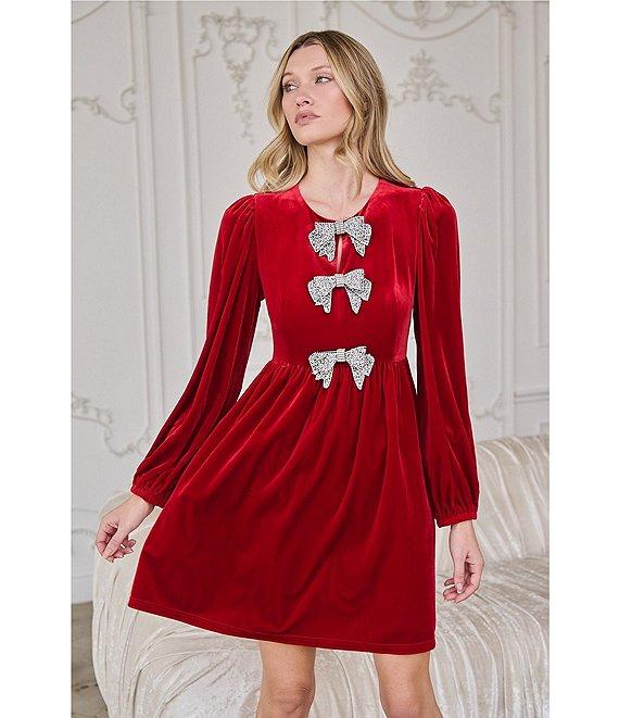 Sugarlips Glow Bow Velvet Crew Neck Long Sleeve Mini Dress Product Image