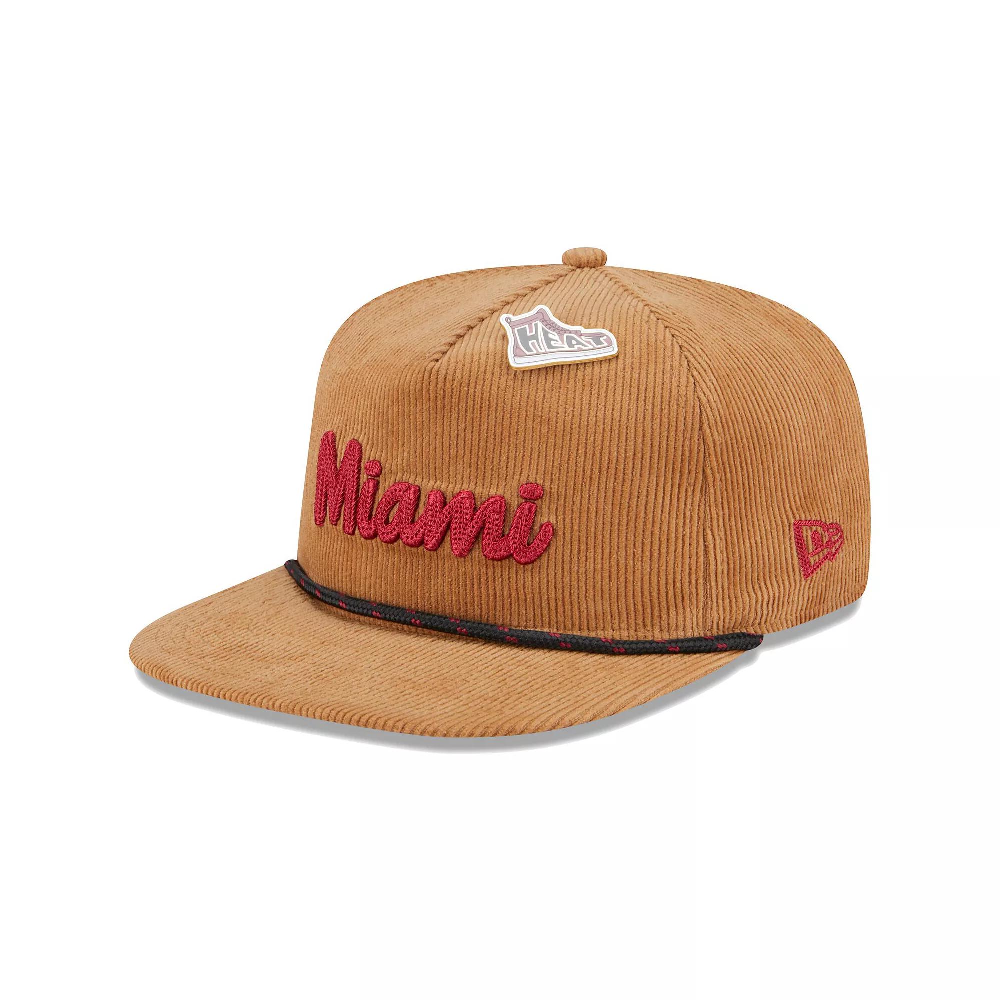 Men's New Era  Tan Miami Heat Victory Grove Corduroy Sneaker Pin Golfer Adjustable Hat, Team Product Image