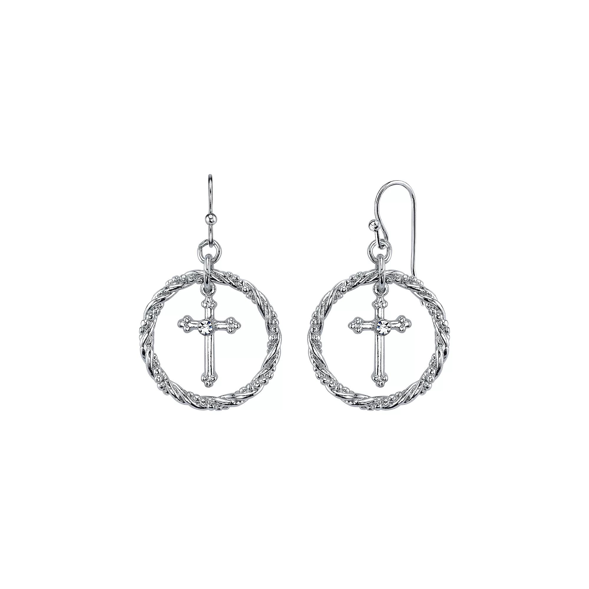 1928 Crystal Cross Hoop Drop Earrings, Womens, Silver Tone Product Image