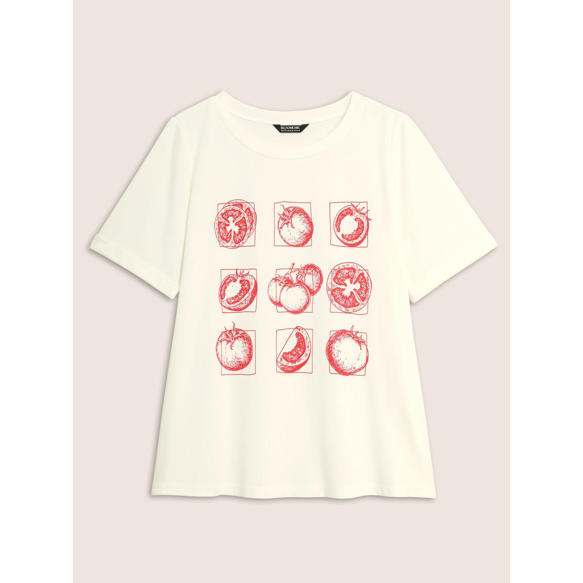 Plus Size Art & Design Tomato Print Round Neck T-shirt WhiteSmoke Women Casual Contrast Art&design Round Neck Everyday T-shirts BloomChic 12/L Product Image