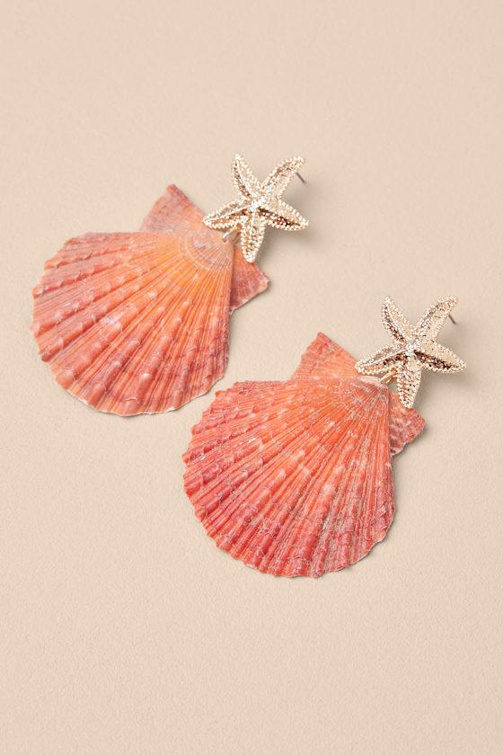 Kahlani Coral and Gold Seashell Statement Earrings Product Image