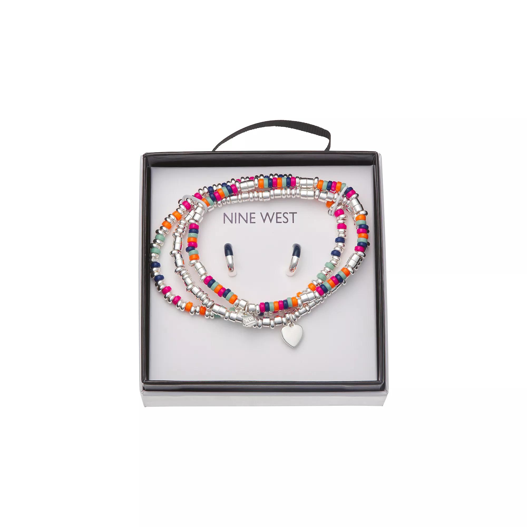 Nine West Silver Tone 3-Row Beaded Heart Bracelet & Stud Earrings Set, Women's, Multi Product Image