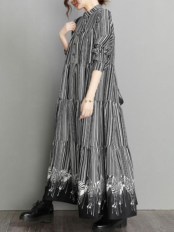 Vintage Loose Striped Buttoned Stand Collar Long Sleeves Midi Dress Product Image