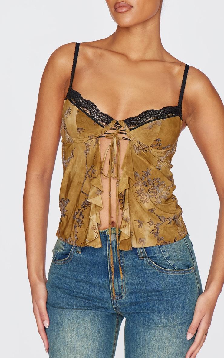 Tall Green Devore Lace Trim Strappy Long Top Product Image