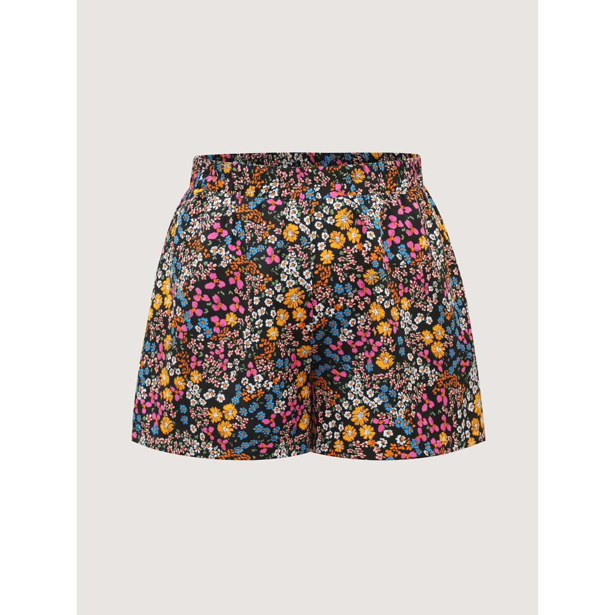 Plus Size Ditsy Floral Print Stretchy Waist Shorts Women BlackFlower Timeless Wide Leg Elegant Shorts BloomChic 12/L Product Image