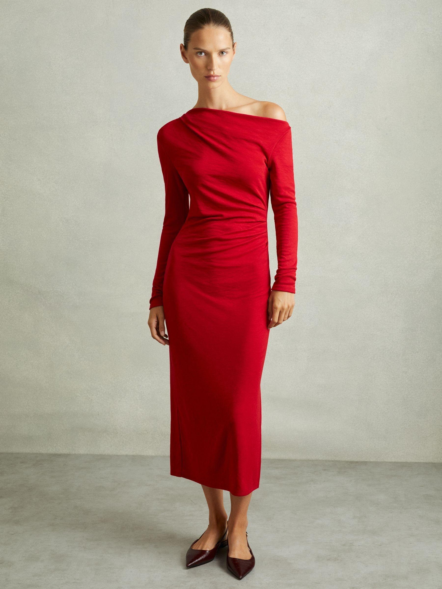 Off-The-Shoulder Jersey Midi Dress in Red Product Image