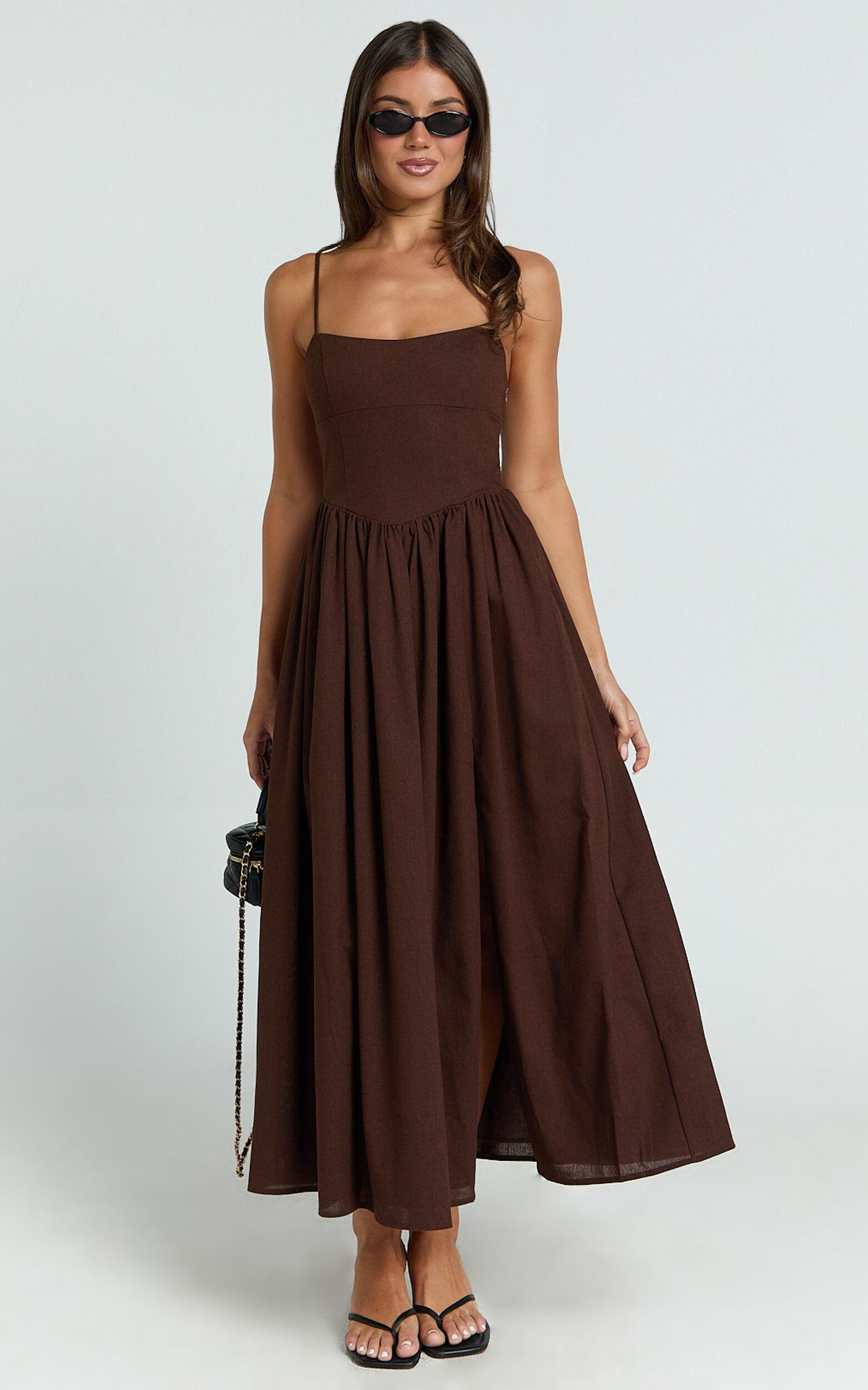 Morris Midi Dress - Linen Scoop Neck Gathered Dress in Chocolate Product Image