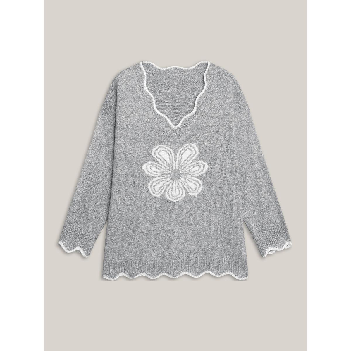 Plus Size Floral Print Jacquard V-Neck Pullover DarkGray Women Casual Loose Long Sleeve V-neck Everyday Pullovers BloomChic 10/M Product Image