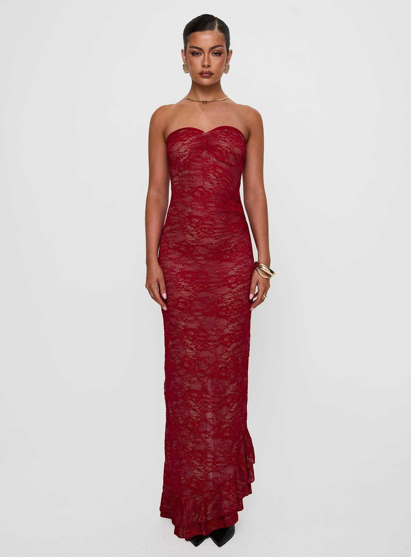 Hailees Lace Strapless Maxi Dress Red Product Image