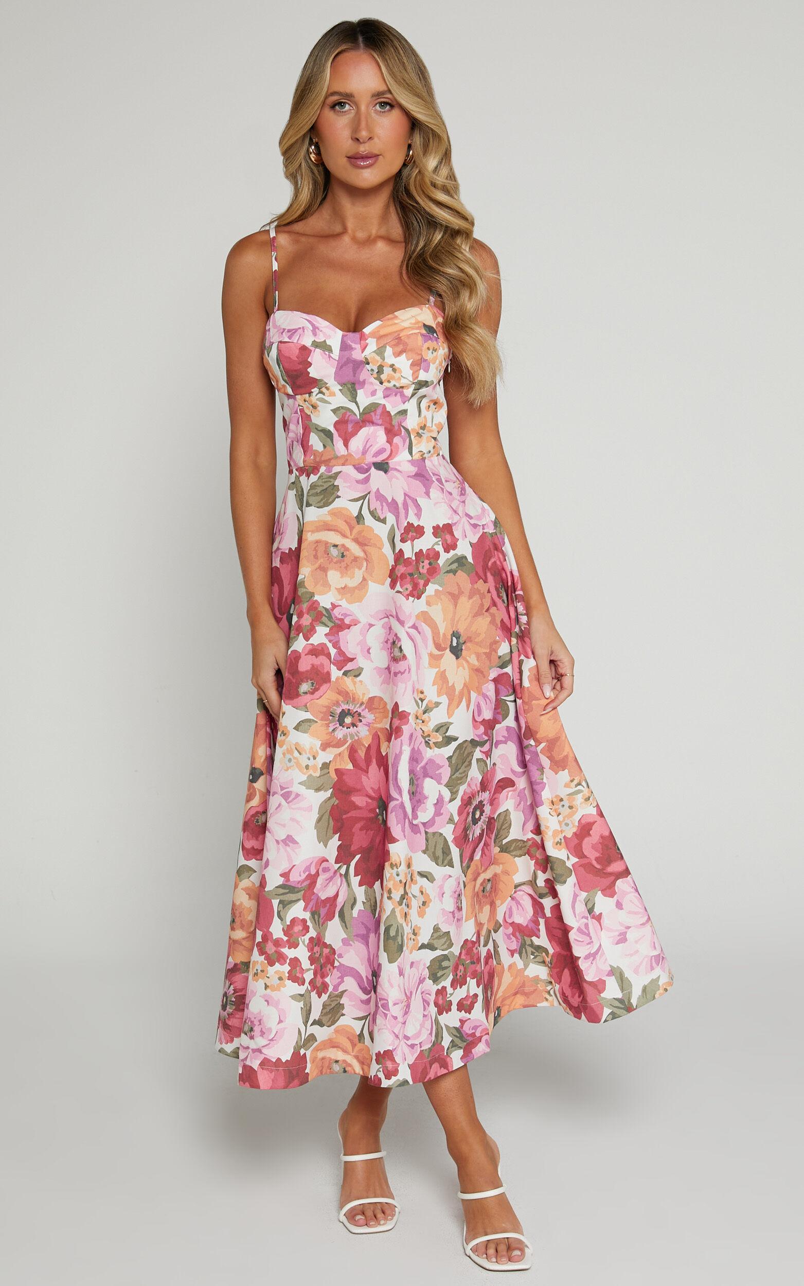 Robertson Midi Dress - Strappy Sweetheart Bustier Flare Dress in Spring Floral Product Image