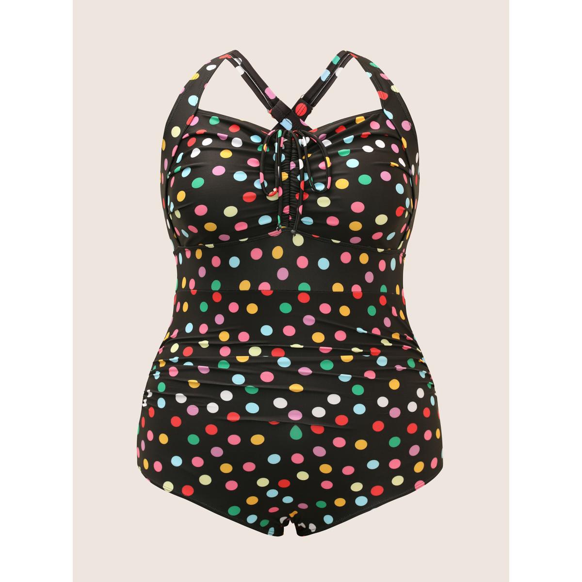 Plus Size Colored Polka Dot Ties Ruched One Piece Swimsuit Women's Swimwear Black Beach Tie knot Curve Bathing Suits High stretch One Pieces BloomChic 28/5X Product Image