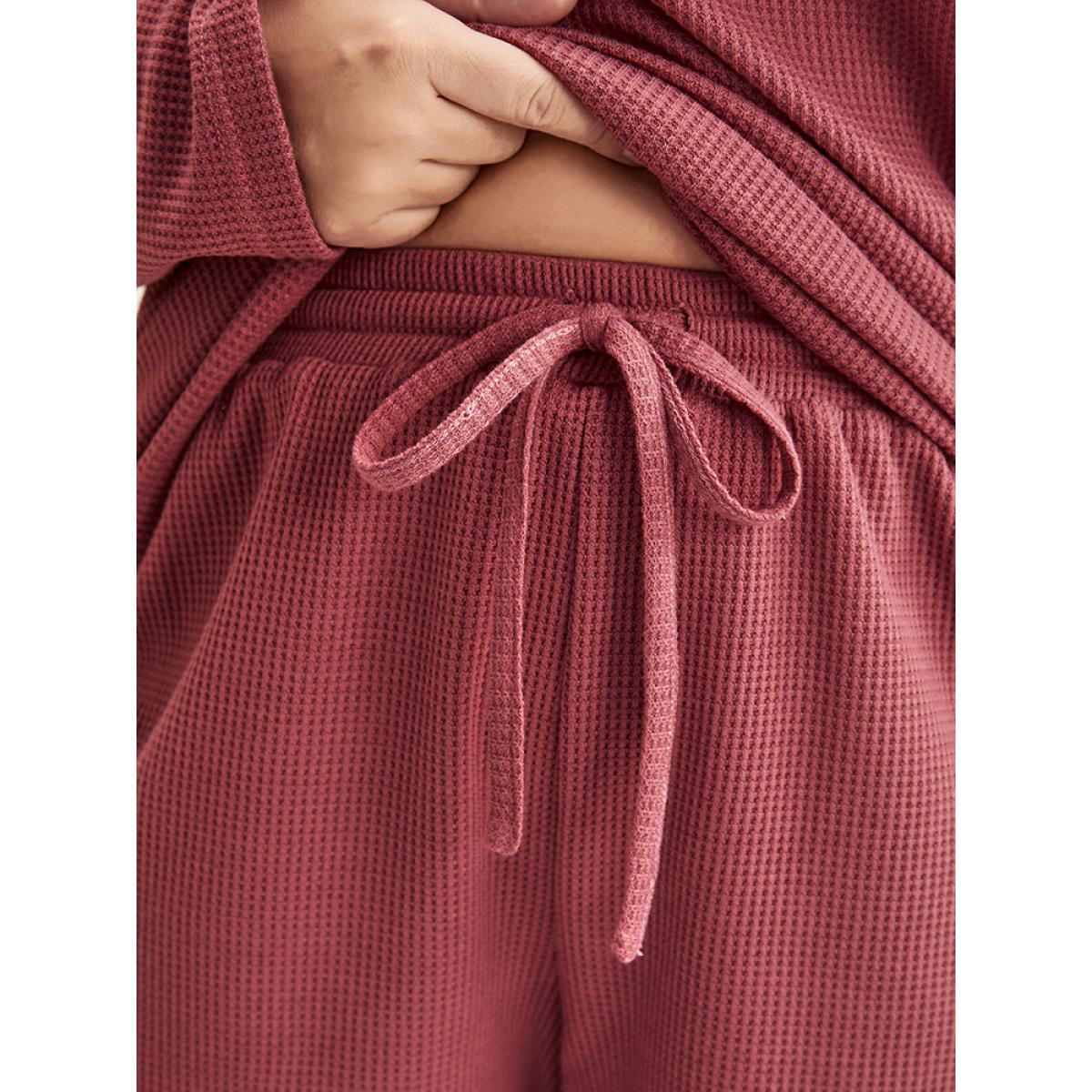 Plus Size Solid Ties Waffle Knit Pajama Set Women Burgundy Plain Long Sleeve Round Neck Casual Loungewear Sets BloomChic 12/L Product Image