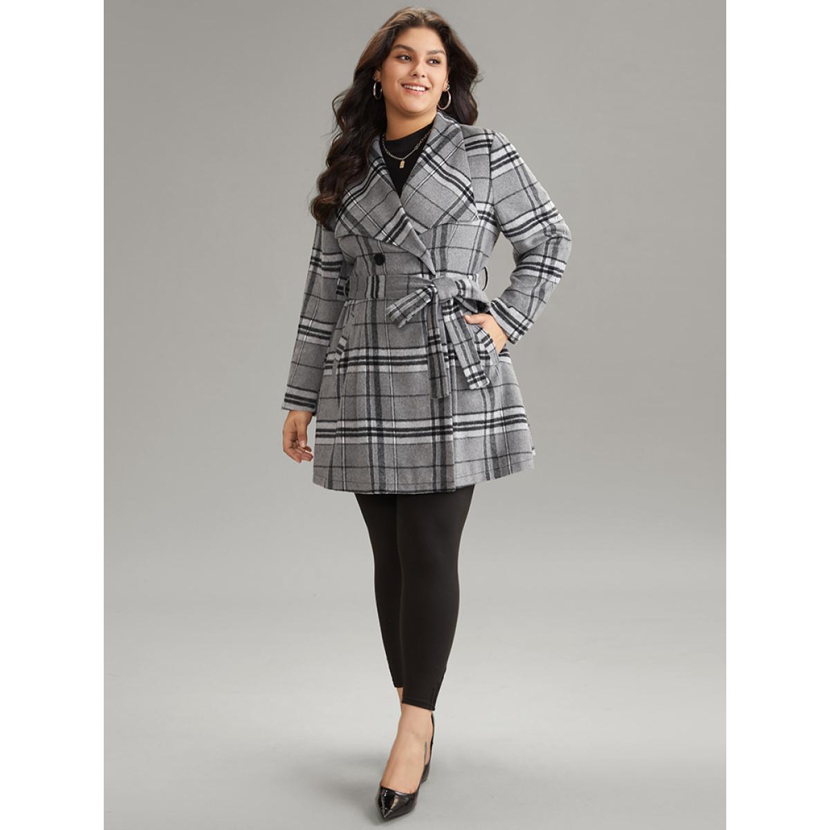 Plus Size Plaid Button Up Pocket Belted Lapel Collar Coat Women Black Casual Lined Ladies Dailywear Winter Coats BloomChic 12/L Product Image