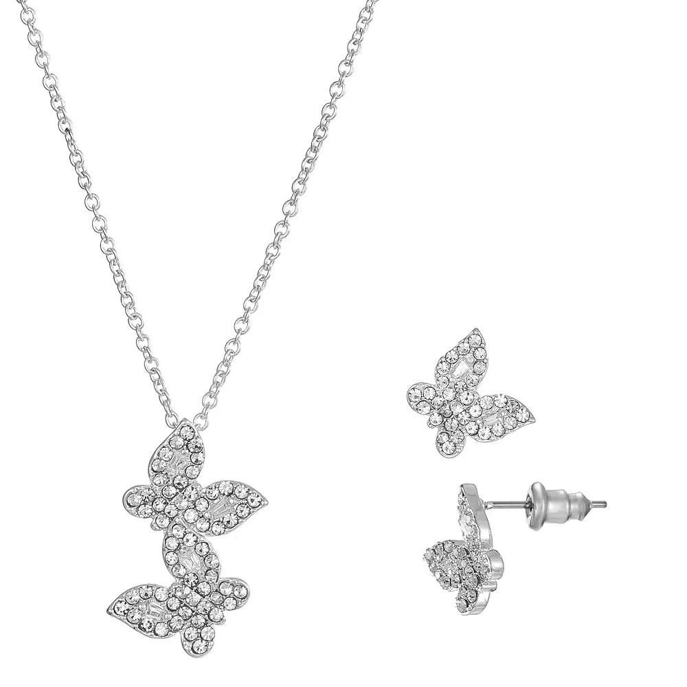 Silver Tone Cubic Zirconia Butterfly Pendant Necklace & Stud Earrings Set, Women's, Size: 18+3", Silver Tone Clear Product Image